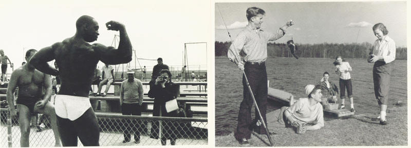 Muscle Beach, Venice Beach, CA, old woman photographing an Afro-american hunk