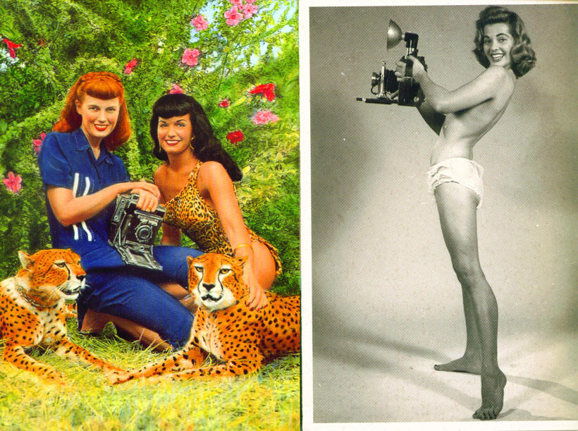 Postcard colored image of Bunny Yeager and Betty Page