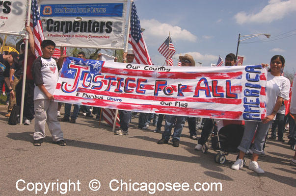 "Justice" Immigration banner, Chicago, May 1, 2007
