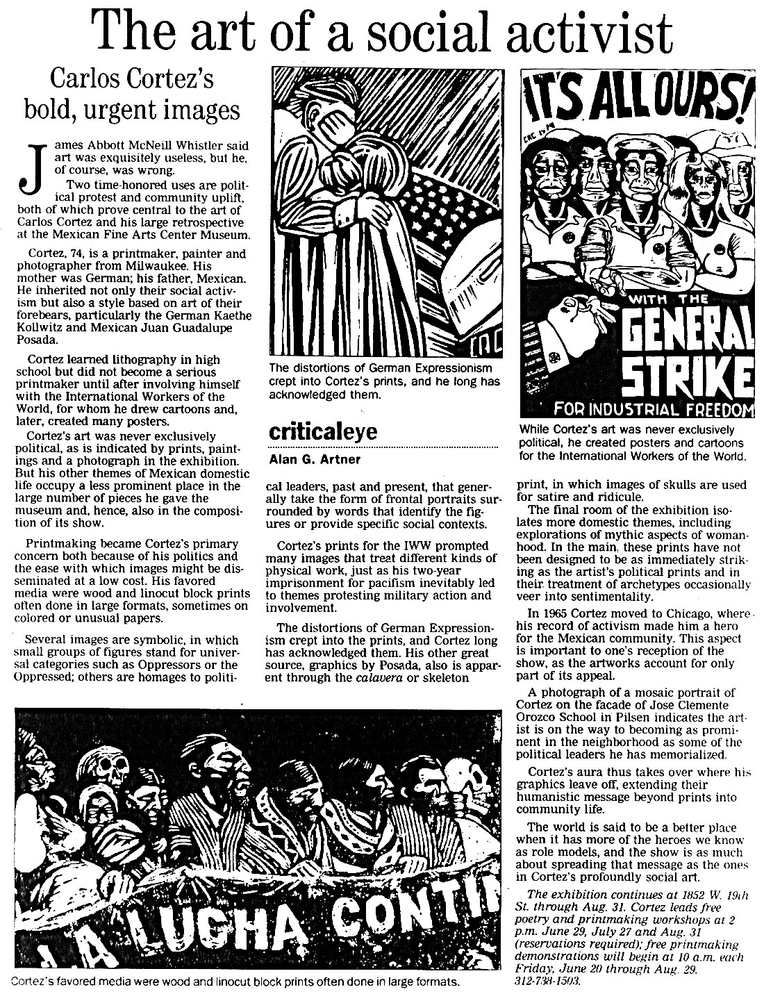 Carlos Cortez, Social Activist artist, Chicago newspaper review