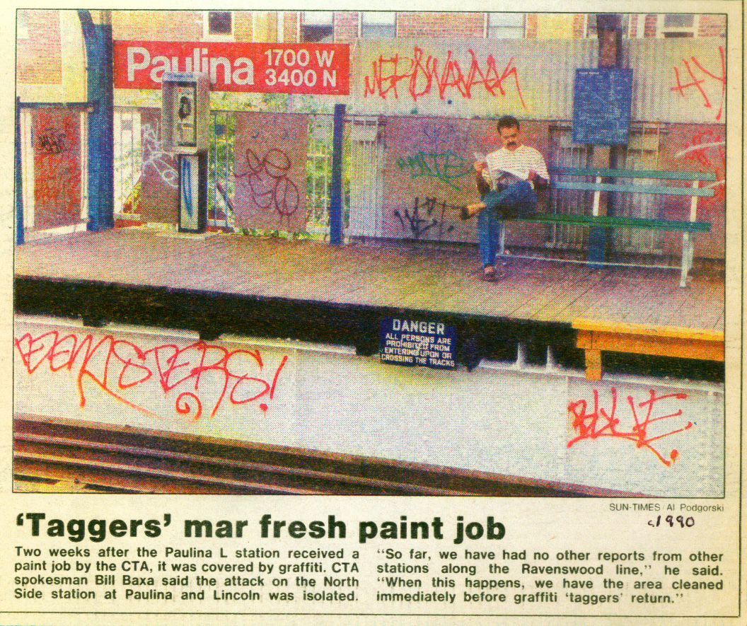 Brown line elevated train, Chicago graffiti, 1990