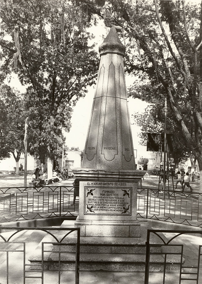 Haymarket Memorial "killed by hands of Hiena capitalists" (1886 Chicago event) in Matehaula plaza, Mexico