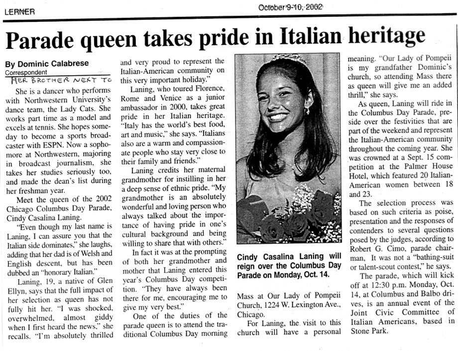 Columbus Day Queen, Chicago, 2002 newspaper biography and photograph
