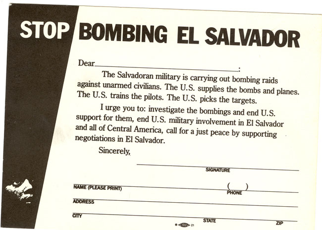 Postcard to "Stop the bombing in El Salvador" on chicagosee.com