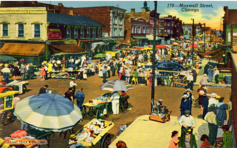 Maxwell Street, Chicago, vintage postcard view on chicagosee.com