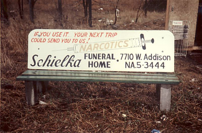 Ad bench, "Narcotics," Funeral Home, Chicago