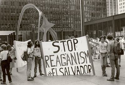 Federal Plaza Protest, Chicago, under Caulder "Flamingo" sculpture