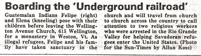 newspaper caption on Guatemalan refugees in Chicago church