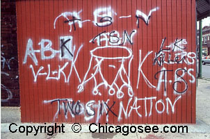 gang graffit scrawl in Chicago, 1982