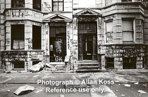 Wicker Park gang graffiti on Greystone buildings, Chicago, before and after gentrification