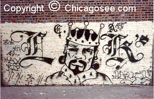 Latin King gang wall mural, Rogers Park, Chicago, 1990